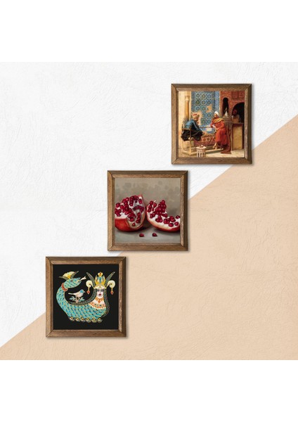 Satranç Oyunu, Şahmeran, Nar Taş Duvar Tablosu Ahşap Çerçeveli Duvar Dekoru 3 Parça Tablo Seti Wall Art W3-963