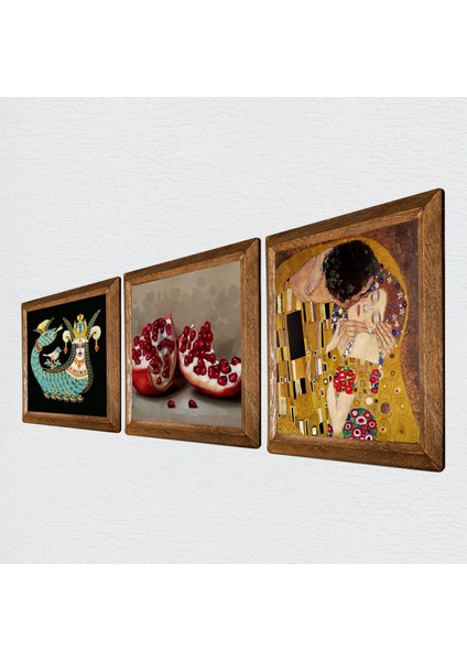 Gustav Klimt Öpücük, Şahmeran, Nar Taş Duvar Tablosu Ahşap Çerçeveli Duvar Dekoru 3 Parça Tablo Seti Wall Art W3-965