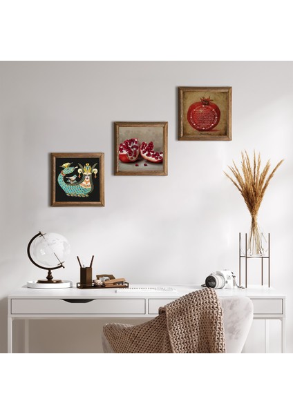 Bereket Duası, Şahmeran, Nar Taş Duvar Tablosu Ahşap Çerçeveli Duvar Dekoru 3 Parça Tablo Seti Wall Art W3-968