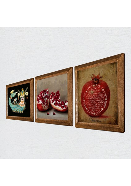 Bereket Duası, Şahmeran, Nar Taş Duvar Tablosu Ahşap Çerçeveli Duvar Dekoru 3 Parça Tablo Seti Wall Art W3-968