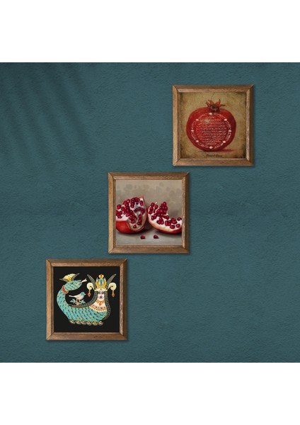 Bereket Duası, Şahmeran, Nar Taş Duvar Tablosu Ahşap Çerçeveli Duvar Dekoru 3 Parça Tablo Seti Wall Art W3-968