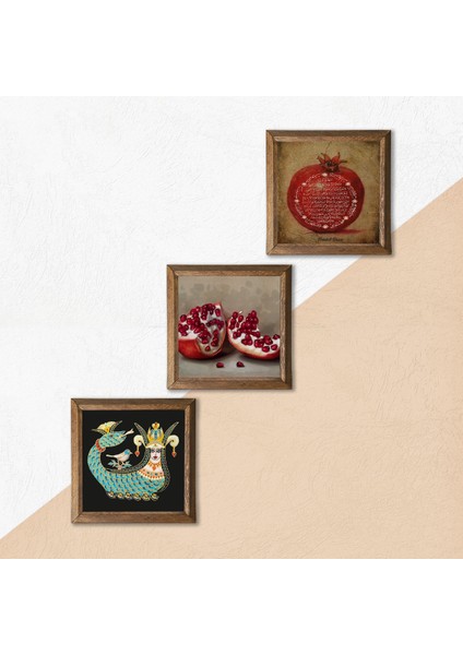 Bereket Duası, Şahmeran, Nar Taş Duvar Tablosu Ahşap Çerçeveli Duvar Dekoru 3 Parça Tablo Seti Wall Art W3-968