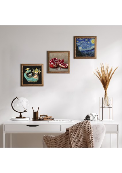 Van Gogh Yıldızlı Gece, Şahmeran, Nar Ahşap Çerçeveli Taş Duvar Tablosu 3’lü Set – 25x25 cm Dekoratif Modern Sanat – Ev ve Ofis Dekoru |W3-971|