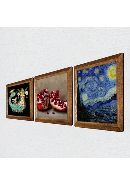 Van Gogh Yıldızlı Gece, Şahmeran, Nar Ahşap Çerçeveli Taş Duvar Tablosu 3’lü Set – 25x25 cm Dekoratif Modern Sanat – Ev ve Ofis Dekoru |W3-971| fiyatları
