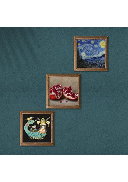 Van Gogh Yıldızlı Gece, Şahmeran, Nar Ahşap Çerçeveli Taş Duvar Tablosu 3’lü Set – 25x25 cm Dekoratif Modern Sanat – Ev ve Ofis Dekoru |W3-971| modelleri