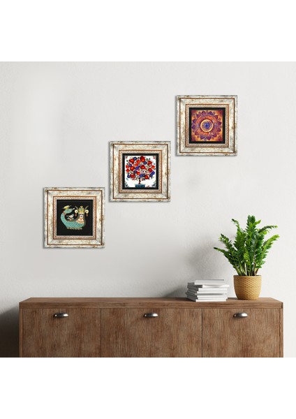 Mandala, Şahmeran, Nar Ağacı Taş Duvar Tablosu Çerçeveli Duvar Dekoru 3 Parça Tablo Seti Wall Art T3-384