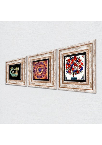 Mandala, Şahmeran, Nar Ağacı Taş Duvar Tablosu Çerçeveli Duvar Dekoru 3 Parça Tablo Seti Wall Art T3-384