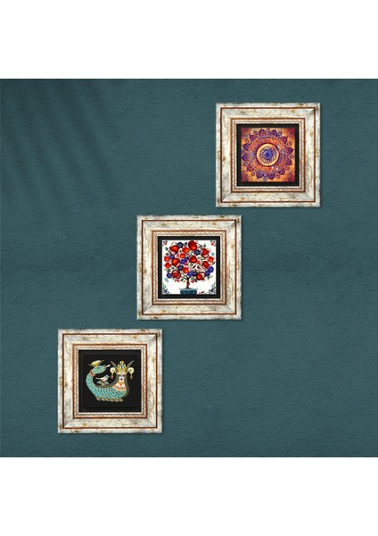 Mandala, Şahmeran, Nar Ağacı Taş Duvar Tablosu Çerçeveli Duvar Dekoru 3 Parça Tablo Seti Wall Art T3-384