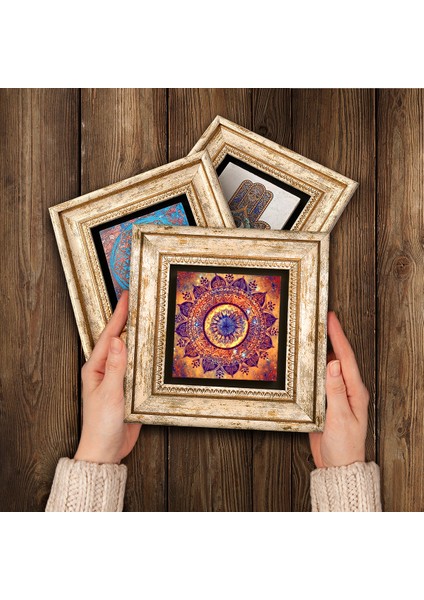 Mandala, Şahmeran, Nar Ağacı Taş Duvar Tablosu Çerçeveli Duvar Dekoru 3 Parça Tablo Seti Wall Art T3-384