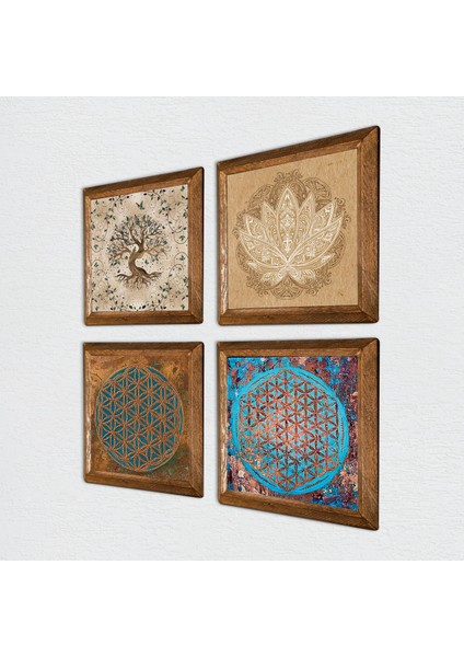Yaşam Çiçeği, Lotus Çiçeği, Hayat Ağacı Taş Duvar Tablosu Ahşap Çerçeveli Duvar Dekoru 4 Parça Tablo Seti Wall Art W4-821 fiyatları