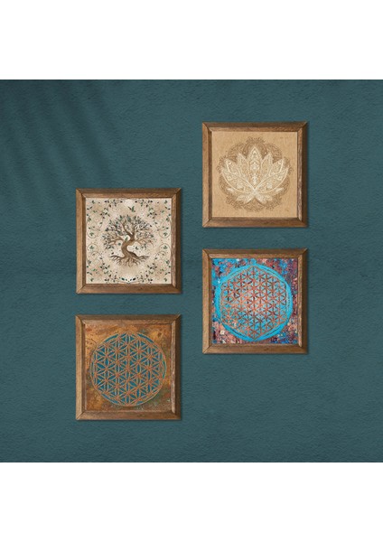 Yaşam Çiçeği, Lotus Çiçeği, Hayat Ağacı Taş Duvar Tablosu Ahşap Çerçeveli Duvar Dekoru 4 Parça Tablo Seti Wall Art W4-821 modelleri