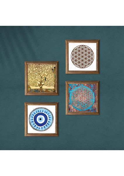 Nazar, Yaşam Çiçeği, Gustav Klimt Hayat Ağacı Taş Duvar Tablosu Ahşap Çerçeveli Duvar Dekoru 4 Parça Tablo Seti Wall Art W4-833