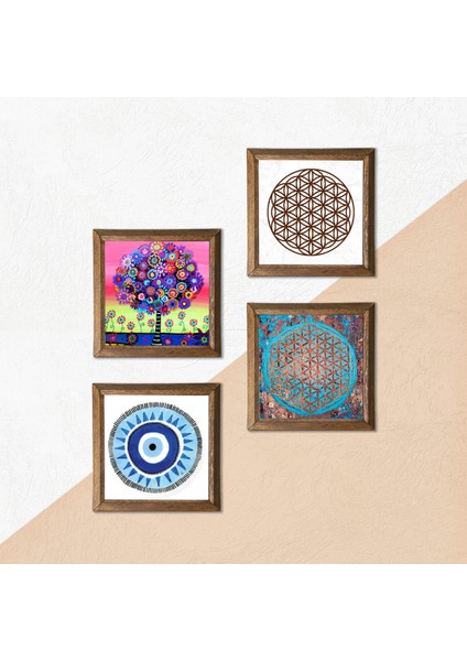Nazar, Yaşam Çiçeği, Hayat Ağacı Ahşap Çerçeveli Taş Duvar Tablosu 4’lü Set – 25x25 cm Dekoratif Modern Sanat – Ev ve Ofis Dekoru |W4-834| indirimleri