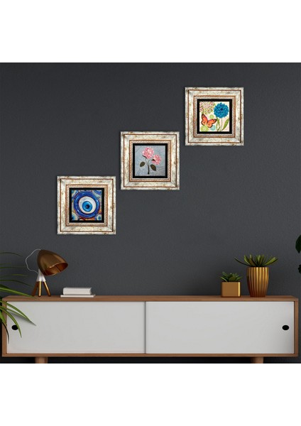 Nazar, Kelebek, Pembe Ortanca Çiçeği Çerçeveli Taş Duvar Tablosu 3’lü Set - Dekoratif Modern Sanat, Ev ve Ofis Dekoru |TK3-1844|