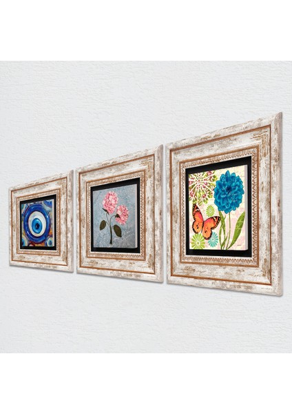 Nazar, Kelebek, Pembe Ortanca Çiçeği Çerçeveli Taş Duvar Tablosu 3’lü Set - Dekoratif Modern Sanat, Ev ve Ofis Dekoru |TK3-1844| fiyatları
