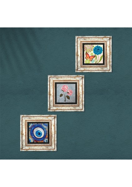 Nazar, Kelebek, Pembe Ortanca Çiçeği Çerçeveli Taş Duvar Tablosu 3’lü Set - Dekoratif Modern Sanat, Ev ve Ofis Dekoru |TK3-1844| fırsatları