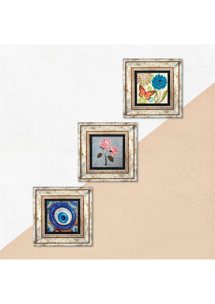 Nazar, Kelebek, Pembe Ortanca Çiçeği Çerçeveli Taş Duvar Tablosu 3’lü Set - Dekoratif Modern Sanat, Ev ve Ofis Dekoru |TK3-1844| indirimleri
