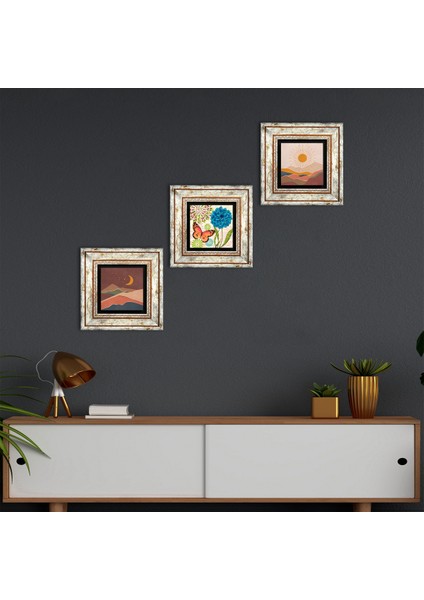 Bohem, Kelebek Taş Duvar Tablosu Çerçeveli Duvar Dekoru 3 Parça Tablo Seti Wall Art T3-1845