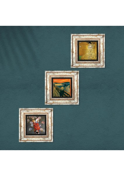 Gustav Klimt, Claude Monet, Çığlık Tablosu Taş Duvar Tablosu Çerçeveli Duvar Dekoru 3 Parça Tablo Seti Wall Art T3-1851