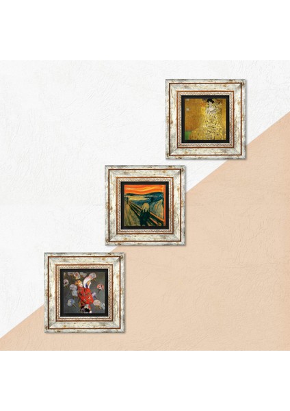 Gustav Klimt, Claude Monet, Çığlık Tablosu Taş Duvar Tablosu Çerçeveli Duvar Dekoru 3 Parça Tablo Seti Wall Art T3-1851