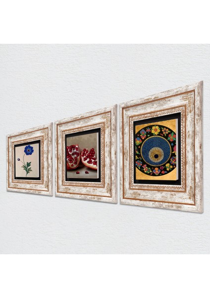 Ebru Sanatı, Nazar, Nar Taş Duvar Tablosu Çerçeveli Duvar Dekoru 3 Parça Tablo Seti Wall Art T3-1602