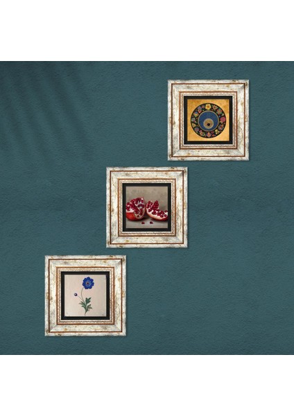 Ebru Sanatı, Nazar, Nar Taş Duvar Tablosu Çerçeveli Duvar Dekoru 3 Parça Tablo Seti Wall Art T3-1602