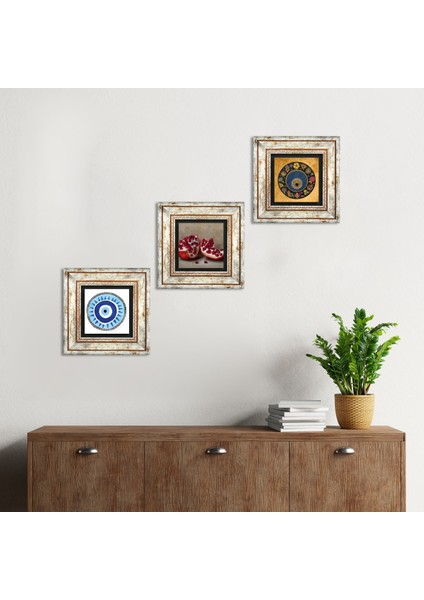 Nazar, Nar Taş Duvar Tablosu Çerçeveli Duvar Dekoru 3 Parça Tablo Seti Wall Art T3-1622