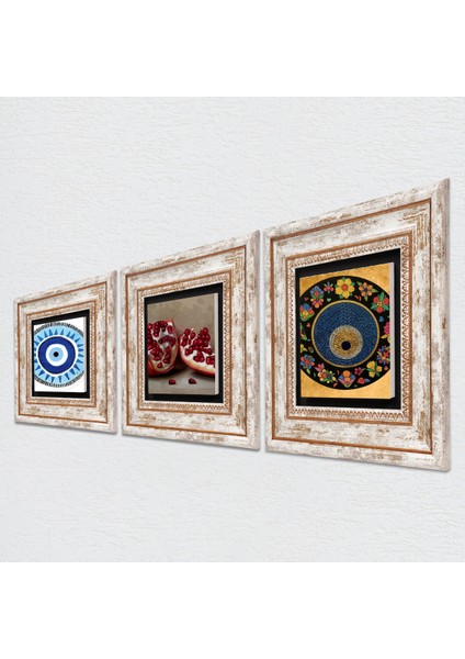 Nazar, Nar Taş Duvar Tablosu Çerçeveli Duvar Dekoru 3 Parça Tablo Seti Wall Art T3-1622