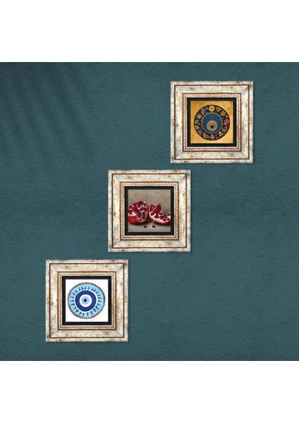 Nazar, Nar Taş Duvar Tablosu Çerçeveli Duvar Dekoru 3 Parça Tablo Seti Wall Art T3-1622