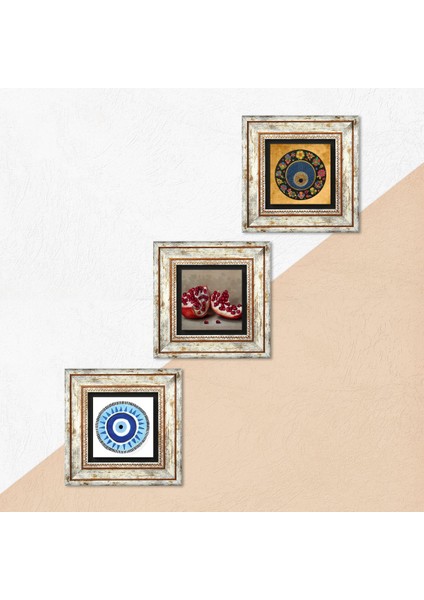Nazar, Nar Taş Duvar Tablosu Çerçeveli Duvar Dekoru 3 Parça Tablo Seti Wall Art T3-1622