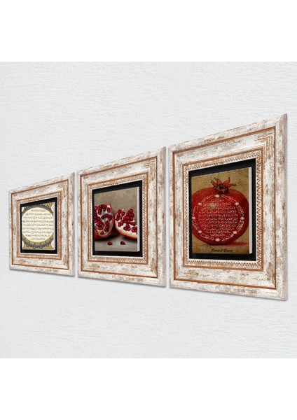 Hilye-i Şerif, Bereket Duası, Nar Taş Duvar Tablosu Çerçeveli Duvar Dekoru 3 Parça Tablo Seti Wall Art T3-1624