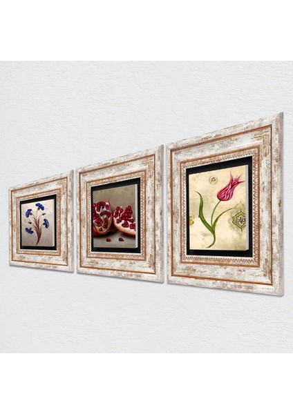 Ebru Sanatı, Lale, Nar Taş Duvar Tablosu Çerçeveli Duvar Dekoru 3 Parça Tablo Seti Wall Art T3-1636