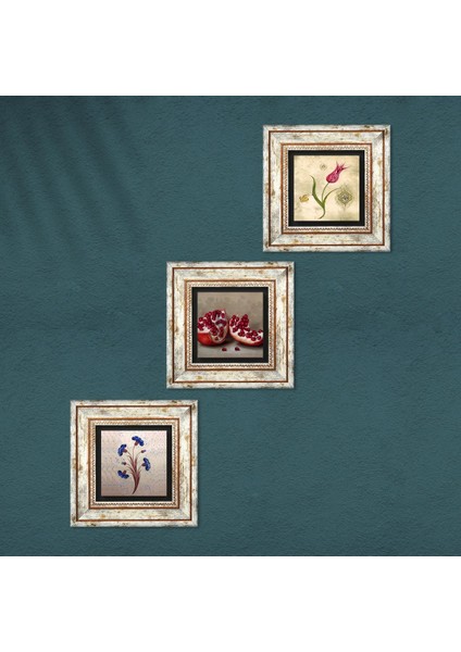 Ebru Sanatı, Lale, Nar Taş Duvar Tablosu Çerçeveli Duvar Dekoru 3 Parça Tablo Seti Wall Art T3-1636