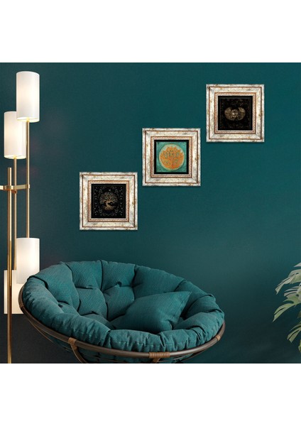 Horus'un Gözü, Lotus Çiçeği, Hayat Ağacı Taş Duvar Tablosu Çerçeveli Duvar Dekoru 3 Parça Tablo Seti Wall Art T3-164
