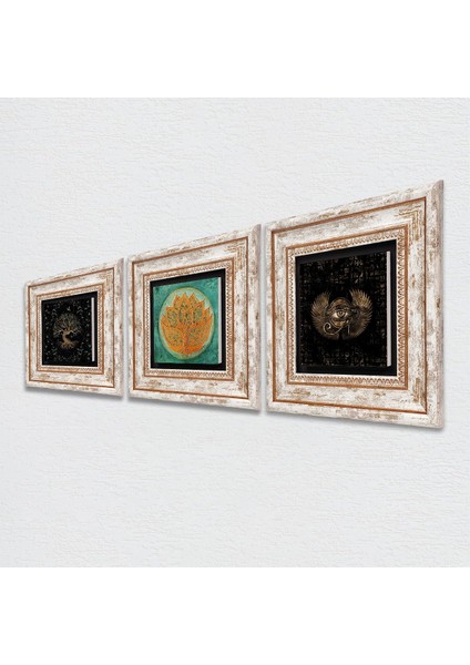 Horus'un Gözü, Lotus Çiçeği, Hayat Ağacı Taş Duvar Tablosu Çerçeveli Duvar Dekoru 3 Parça Tablo Seti Wall Art T3-164