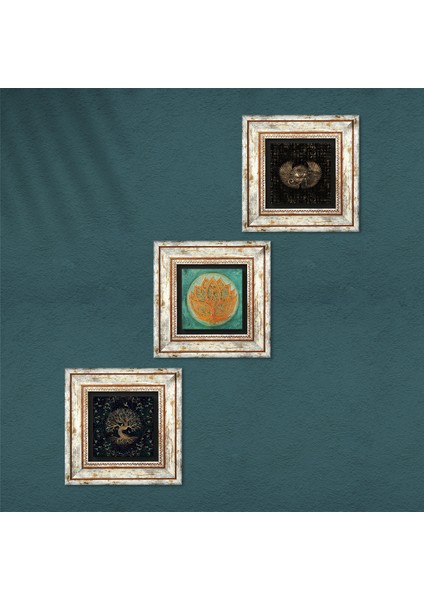 Horus'un Gözü, Lotus Çiçeği, Hayat Ağacı Taş Duvar Tablosu Çerçeveli Duvar Dekoru 3 Parça Tablo Seti Wall Art T3-164