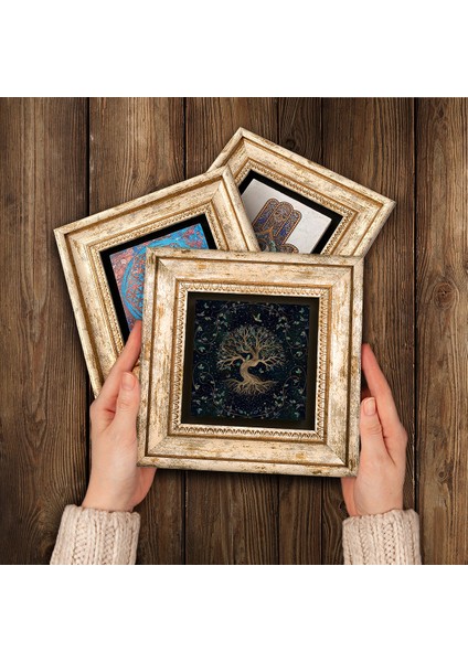 Horus'un Gözü, Lotus Çiçeği, Hayat Ağacı Taş Duvar Tablosu Çerçeveli Duvar Dekoru 3 Parça Tablo Seti Wall Art T3-164