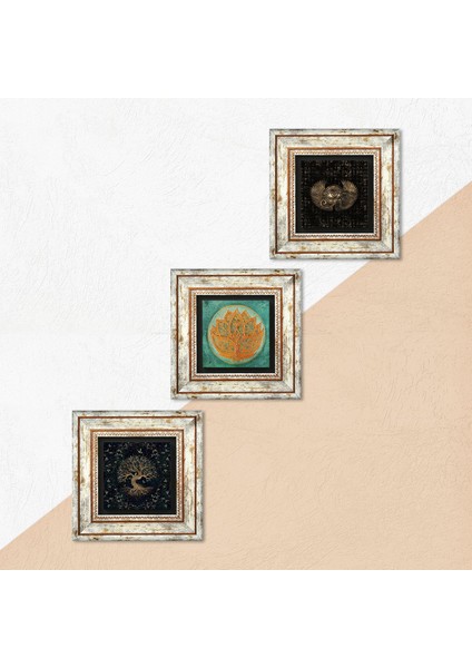 Horus'un Gözü, Lotus Çiçeği, Hayat Ağacı Taş Duvar Tablosu Çerçeveli Duvar Dekoru 3 Parça Tablo Seti Wall Art T3-164