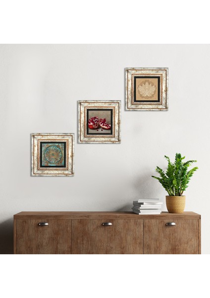 Yaşam Çiçeği, Lotus Çiçeği, Nar Çerçeveli Taş Duvar Tablosu 3’lü Set - Dekoratif Modern Sanat, Ev ve Ofis Dekoru |TK3-1641|