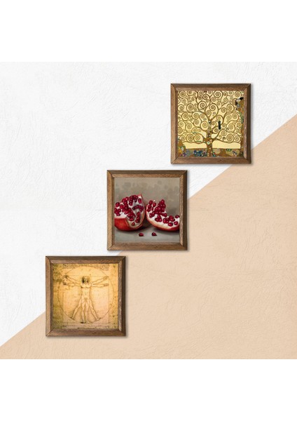 Gustav Klimt Hayat Ağacı, Da Vinci Vitruvius Adamı, Nar Taş Duvar Tablosu Ahşap Çerçeveli Duvar Dekoru 3 Parça Tablo Seti Wall Art W3-1358