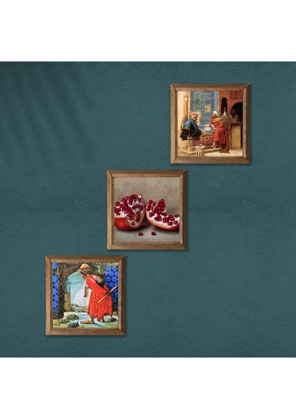Satranç Oyunu, Kaplumbağa Terbiyecisi, Nar Taş Duvar Tablosu Ahşap Çerçeveli Duvar Dekoru 3 Parça Tablo Seti Wall Art W3-1522