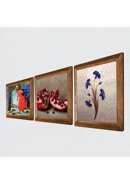 Ebru Sanatı, Kaplumbağa Terbiyecisi, Nar Taş Duvar Tablosu Ahşap Çerçeveli Duvar Dekoru 3 Parça Tablo Seti Wall Art W3-1563