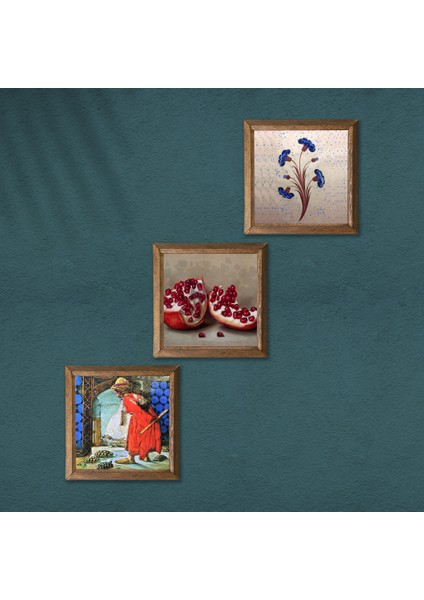 Ebru Sanatı, Kaplumbağa Terbiyecisi, Nar Taş Duvar Tablosu Ahşap Çerçeveli Duvar Dekoru 3 Parça Tablo Seti Wall Art W3-1563