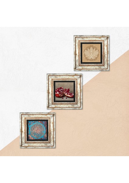 Yaşam Çiçeği, Lotus Çiçeği, Nar Çerçeveli Taş Duvar Tablosu 3’lü Set - Dekoratif Modern Sanat, Ev ve Ofis Dekoru |TK3-1644| indirimleri