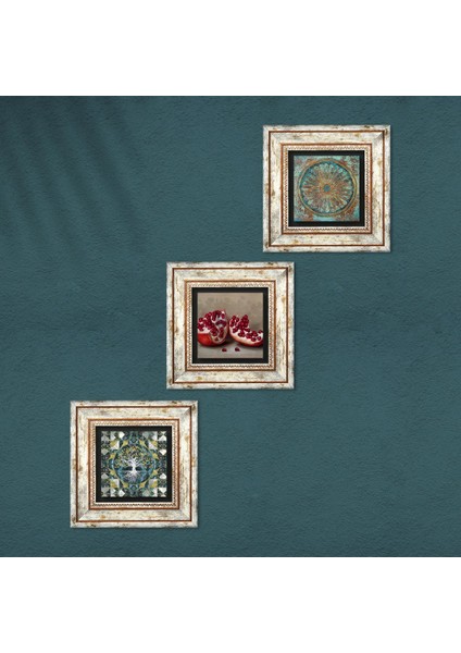 Hayat Ağacı, Yaşam Çiçeği, Nar Taş Duvar Tablosu Çerçeveli Duvar Dekoru 3 Parça Tablo Seti Wall Art T3-1657 fırsatları