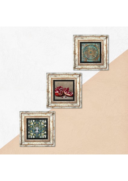 Hayat Ağacı, Yaşam Çiçeği, Nar Taş Duvar Tablosu Çerçeveli Duvar Dekoru 3 Parça Tablo Seti Wall Art T3-1657 indirimleri