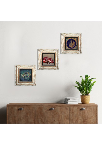 Stone Nazar, Tavus Kuşu, Nar Çerçeveli Taş Duvar Tablosu 3’lü Set - Dekoratif Modern Sanat, Ev ve Ofis Dekoru |TK3-1662|