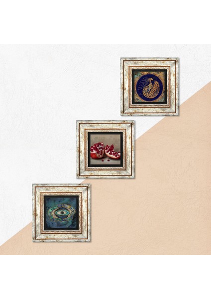Stone Nazar, Tavus Kuşu, Nar Çerçeveli Taş Duvar Tablosu 3’lü Set - Dekoratif Modern Sanat, Ev ve Ofis Dekoru |TK3-1662| indirimleri