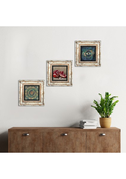 Mandala, Nazar, Nar Taş Duvar Tablosu Çerçeveli Duvar Dekoru 3 Parça Tablo Seti Wall Art T3-1683