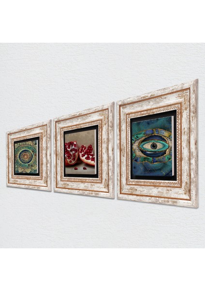Mandala, Nazar, Nar Taş Duvar Tablosu Çerçeveli Duvar Dekoru 3 Parça Tablo Seti Wall Art T3-1683 fiyatları